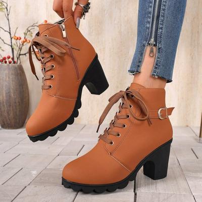 Botas Novas Femininas, Sapatos de Bico Redondo, Saltos Grossos, Botins Curtos com Zíper Lateral, Sapatos Femininos
