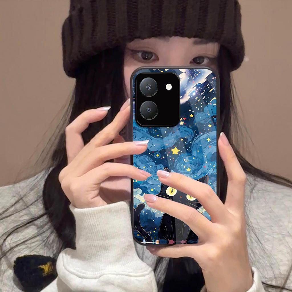 Case for Vivo Y36 5G 4G Y27 Y27s Anime Black Cat Starry Cloud Print Phone Cover Acrylic Hard Back Shell With Flexible TPU Edge