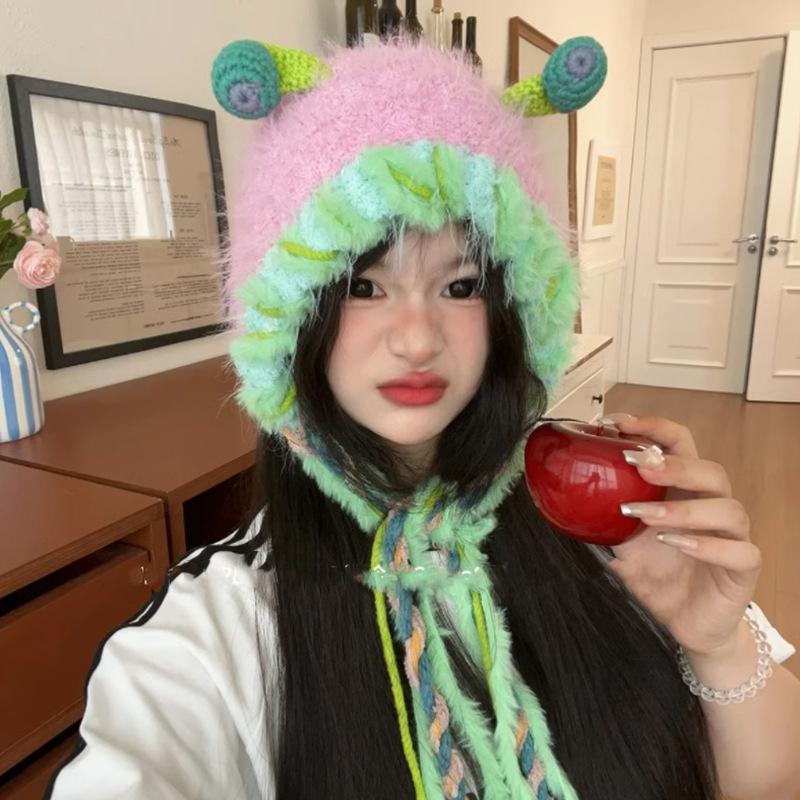Autumn and winter candy monster cute handmade knitted hat plush playful funny little monster wool hat autumn and winter warm hat