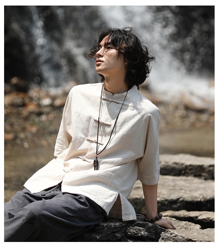 Dulou Tang Men's Retro Style Chinese Stand Collar Linen Shirt