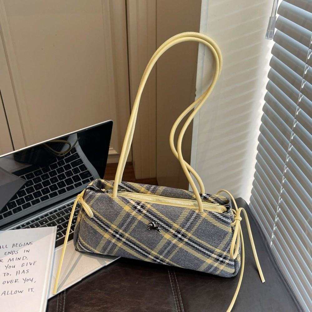 Retro Striped Plaid Shoulder Bags Simple Style Long Strap Underarm Bag Zipper Bow Handbags  Women