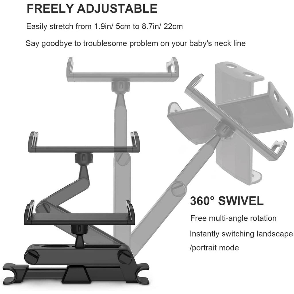 Universal Car Headrest Tablet & Phone Mount - 360° Swivel, Customizable Angles, Stretchable Gooseneck - Securely Holds IPad, IPh