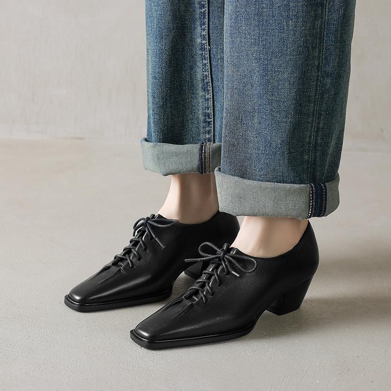 Fashion 2025 New Spring Genuine Leather Women Pumps Shoes for Women Fashion Buckle Squared Toe Loafers Shoes for Women Med Heels Ladies
