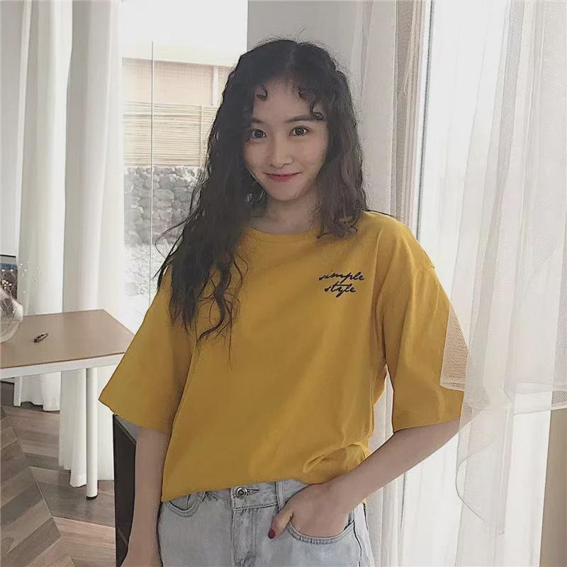 

Летняя женская футболка средней длины с короткими рукавами в корейском стиле 2024 L жёлтый