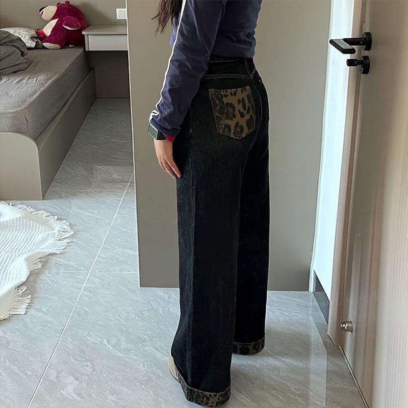 2026 Spring/Summer American Retro Leopard Print Patchwork Wide-Leg High-Waisted Women's Cuffed Jeans