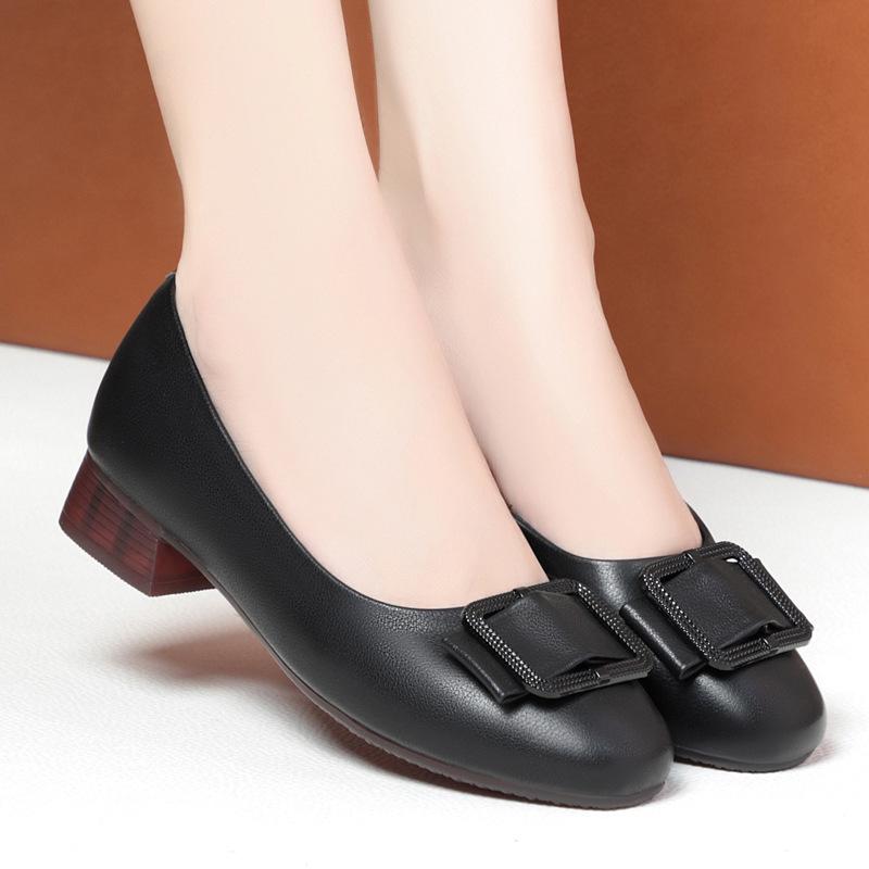 Fashion Genuine Leather Women's Shoes Elegant Office Ladies Shoes Women Casual Low Heeled Shoes Square Heel Sandals Slip on Woman Flats