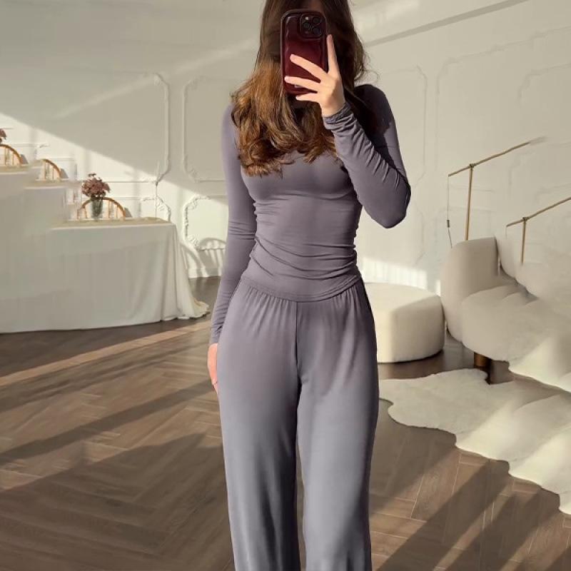 Women's Fashionable round Neck Long Sleeve Elastic Waist Pants Set Casual Style Two-Piece Suit Autumn Collection Trendy Outfit