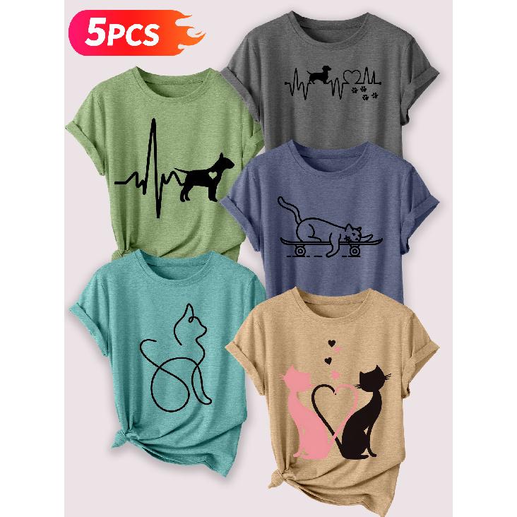 Follow a specific direction Five-piece set of women's short-sleeve tops Pet ECG Line Vintage Print Elegant summer clothing Sleeveless short-sleeved
