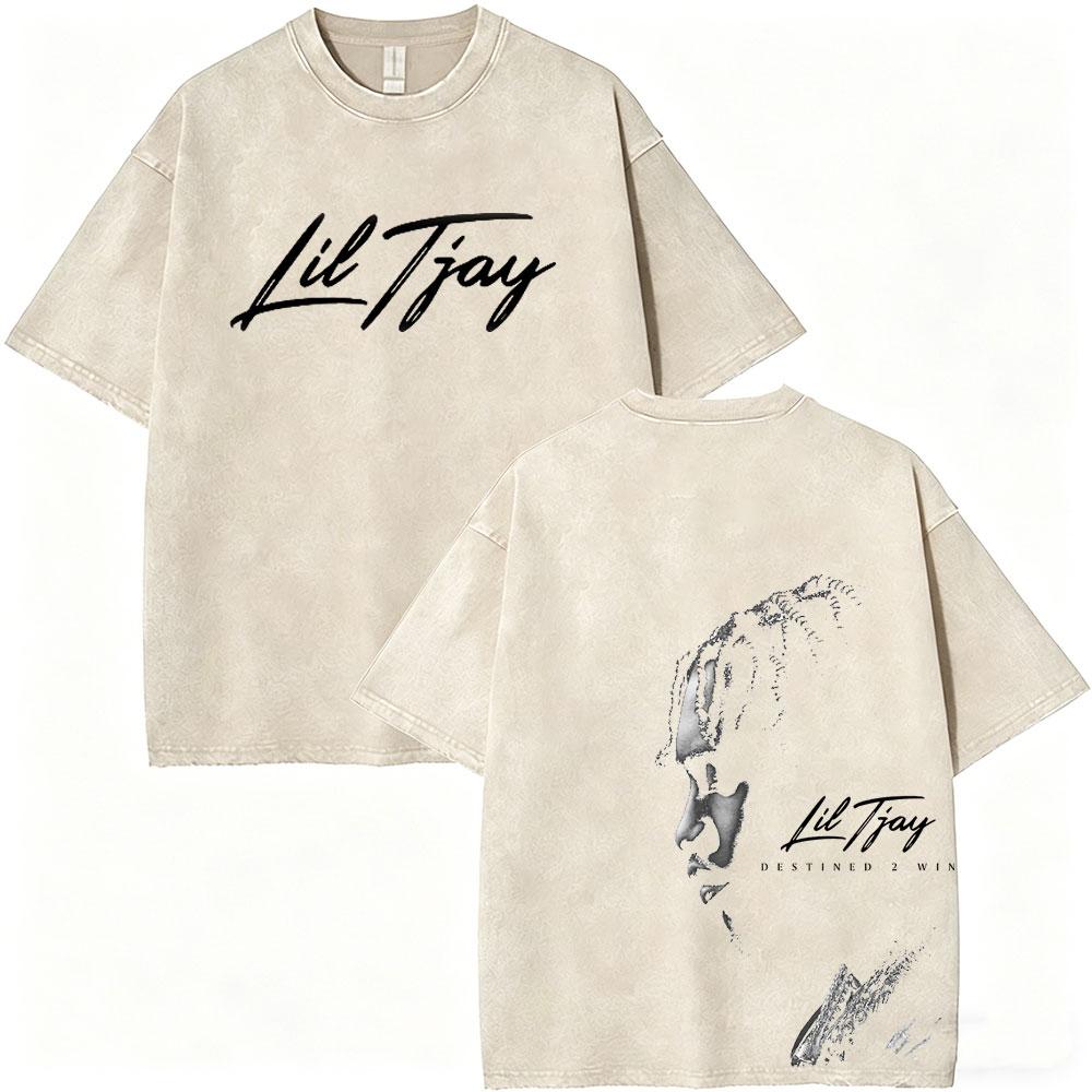 Washed Vintage Rapper Lil Tjay Face Graphic Tshirt Destined Win Tshirts Men Women Hip Hop Fashion High Quality T Shirts Tops