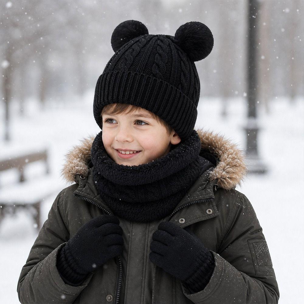 3Pcs/Set Plush Children Scarf Hat Gloves Set Warm Bonnet Gloves Kits Knitted Hats Scarfs Outdoor