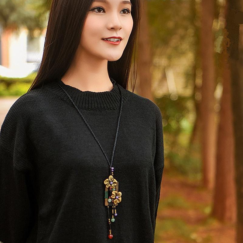 Bronze Flower Long Necklace Square Wood Vintage Necklace Aventurine Crystal Ethnic Handmade Sweater