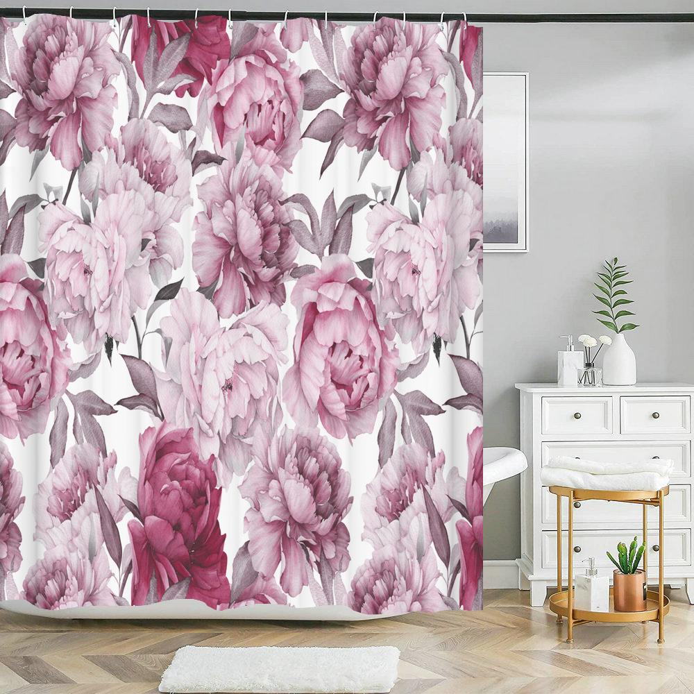 Beautiful Big Pink Flowers Printing Shower Curtain Polyester Waterproof Bathroom Curtain With Hook Door Curtain Home Decoration
