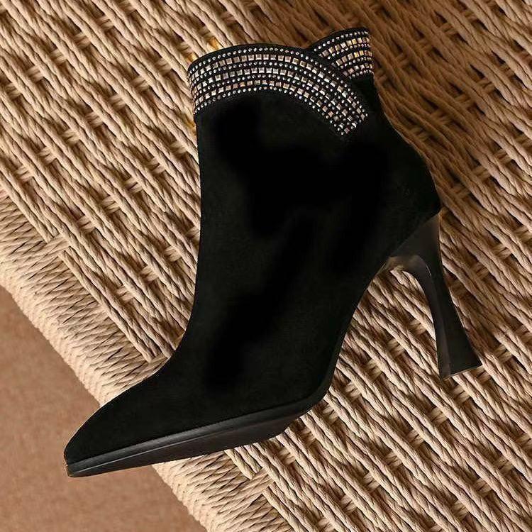 Autumn and winter new retro fashion thin heel pointed Martin boots women's fashion high heel cotton boots