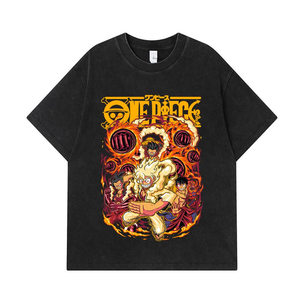 275 GSM Washed T-shirts 100% Cotton One Piece V5 Luffy Gears Print Unisex Heavy Cotton T Shirt