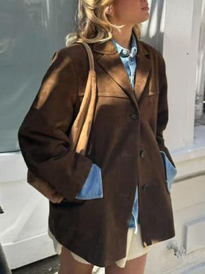 Lose Vintage Wildleder Jacken Frauen Revers Einreiher Lange Ärmel Taschen Blazer Jacke Herbst Maillard Oberbekleidung