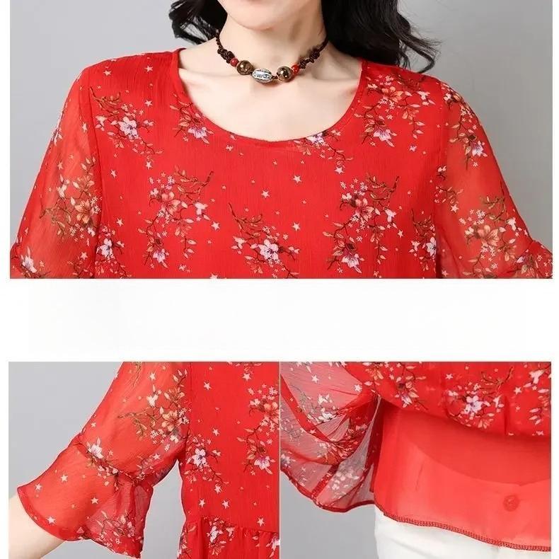 Blouse Women Chiffon Shirt Short Sleeve Women's Top Printed Loose Round Neck Blusas