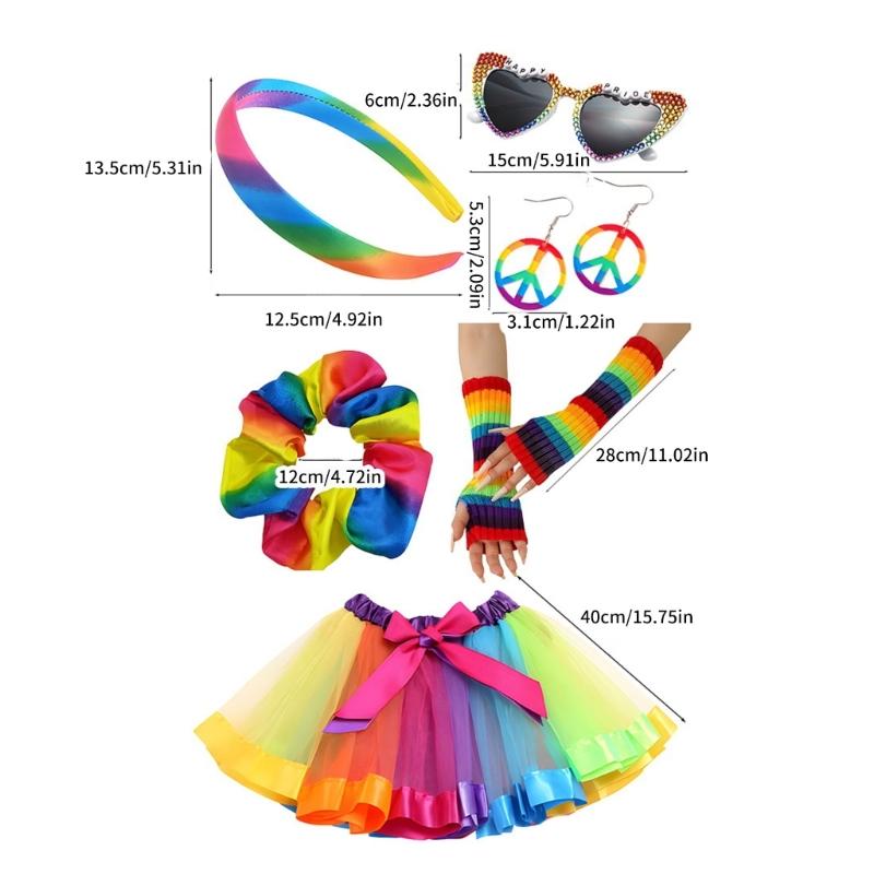 Kostüm-Set Regenbogenfarben Stirnband Ohrringe Brille Rock Beinärmel Lange Handschuhe Damen Halloween Kostüm Zubehör