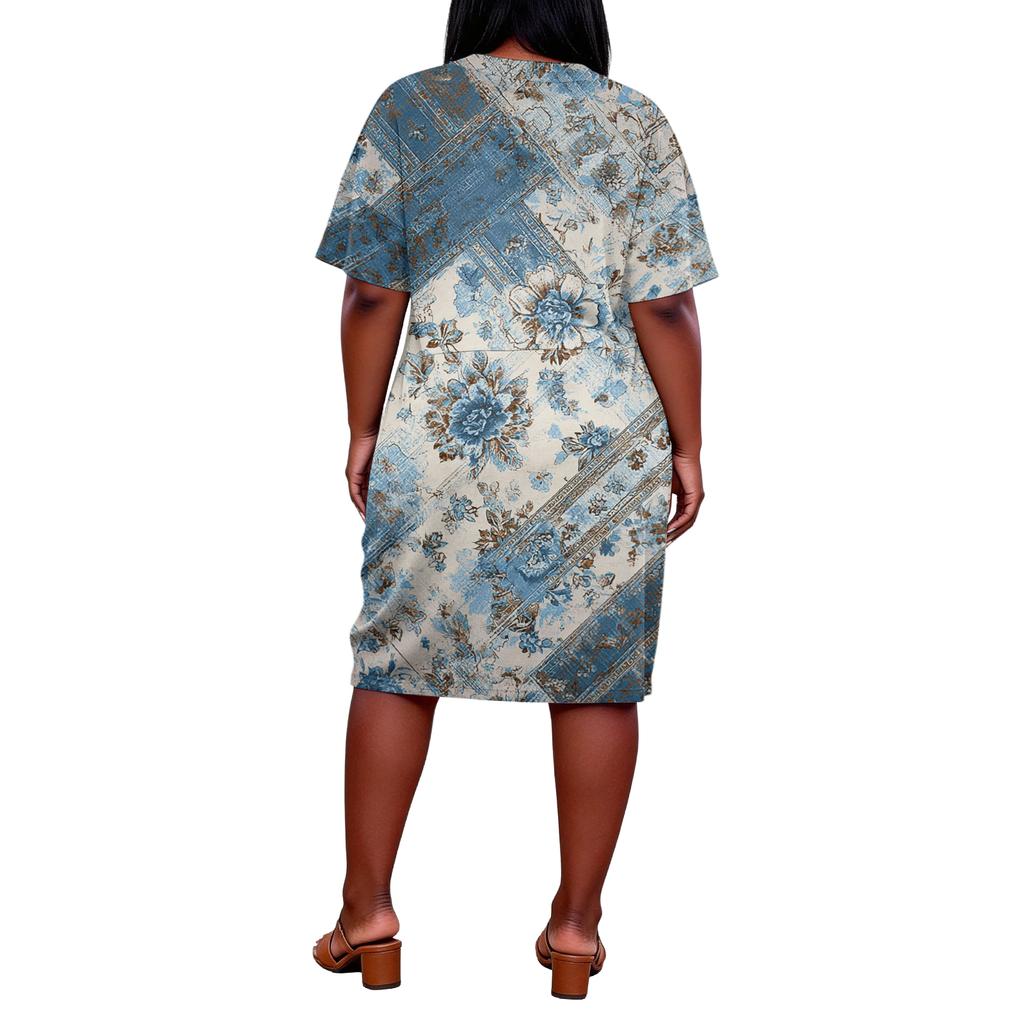 Letní nadměrné velikosti V výstřih krátký rukáv ke kolenům kapsa potisk ležérní šaty pro ženy