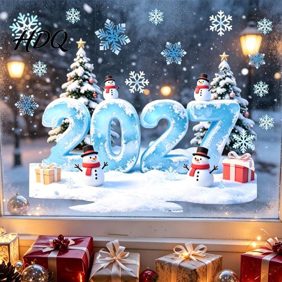 Removable New Year Decals 2027 Christmas Winter Window Cling Static Sticker with Snowman PVC Tree Snowfalke Waterproof Glass Door Decal