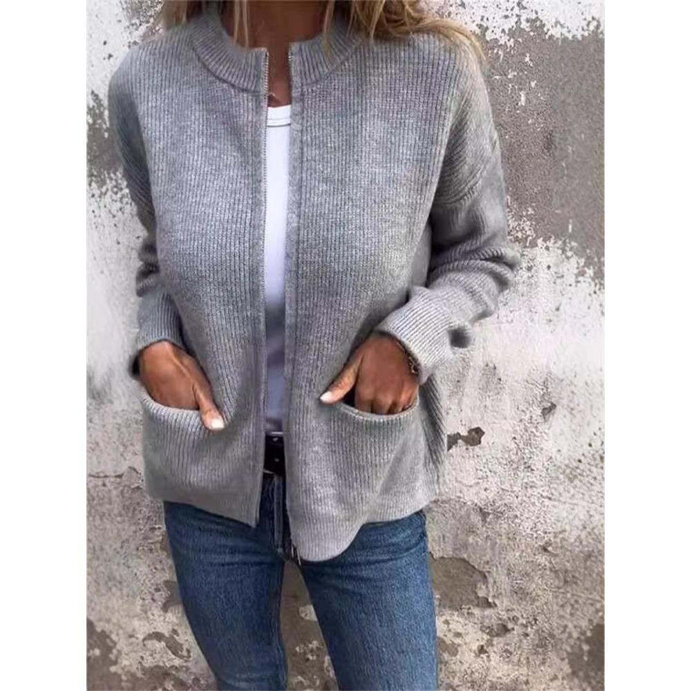 women s Ribbed Knit Zip Up Cardigan Sweater with Pockets Casual Loose Jacket Coat S серый
