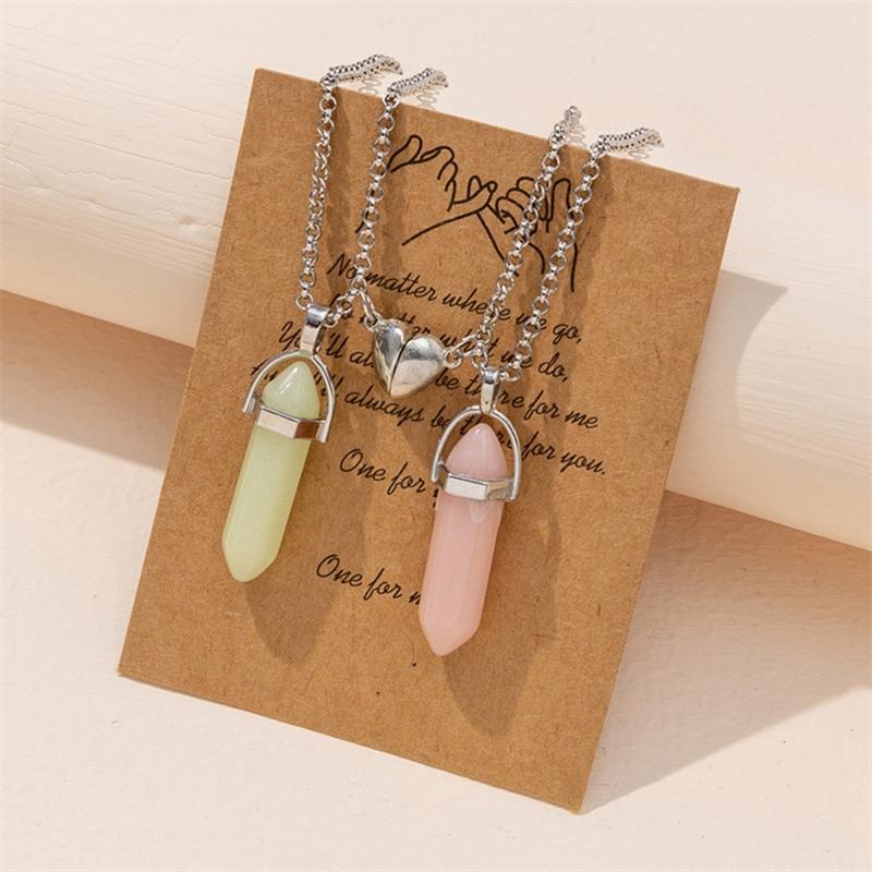 2Pcs Fluorescent Hexagonal Crystal Pendants Necklaces Bullet Natural Stone Necklaces Magnet Matching Necklace Jewelry