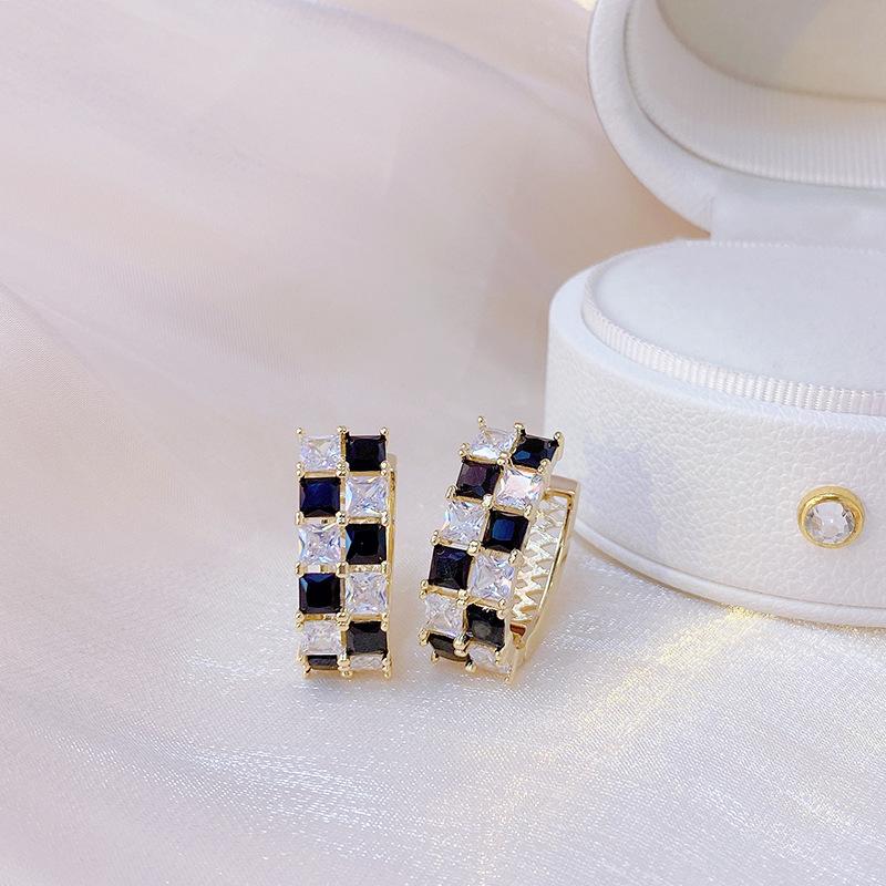 14K Real Gold Plating Luxury Black and White Zircon Plaid Hoop Earrings Fashion Jewelry Shiny Women's Wedding Party Accessories