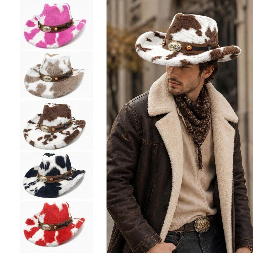 Metal Badge Faux Fur Hat Windproof Cowgirl Hat Vintage Western Cowboy Hat  Winter Wear