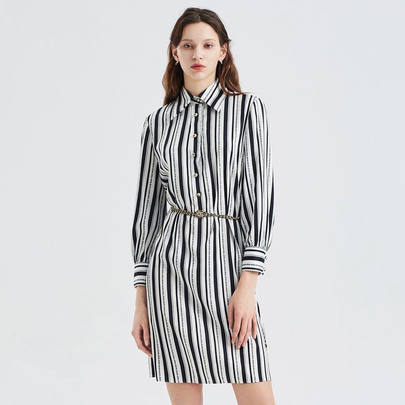 

Obeg Stripes Dress Loose H-Type Mid-Length Satin Navy blue strip 155/XS/34