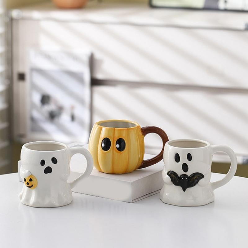 Roztomilé hrnčeky z bieleho porcelánu s tematikou ghúlov, odolná keramika, ideálne na halloweenske dekorácie alebo do kancelárie
