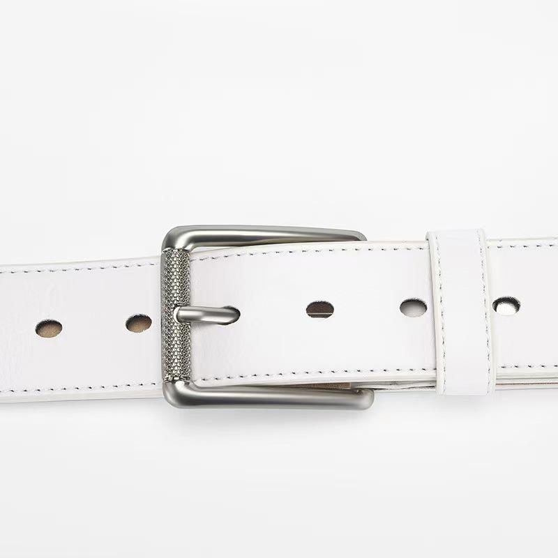 Men's High-End White Leather Belt with Embroidered Pin Buckle - Trendy 2025 Style