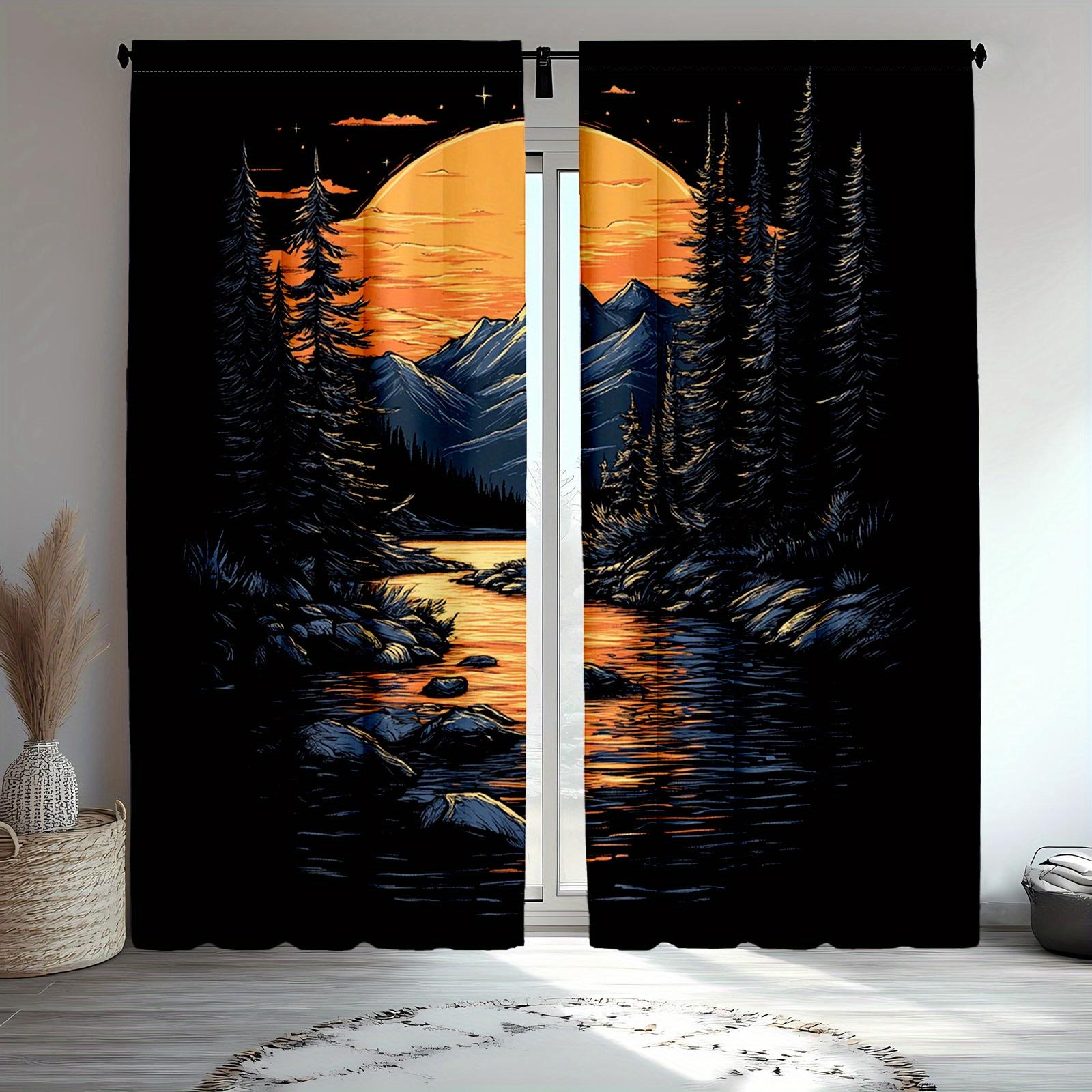 

Set Of 2 Vintage Mountain Sunset Curtains Nature Theme Oil Painting Window Drapes Room Decor Curtain Polyester W100*H70(CM)-Hooks&2PCS
