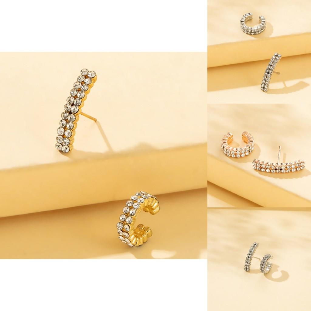Trendy Asymmetric Double Row Rhinestone Earrings Set For Women Summer 2022