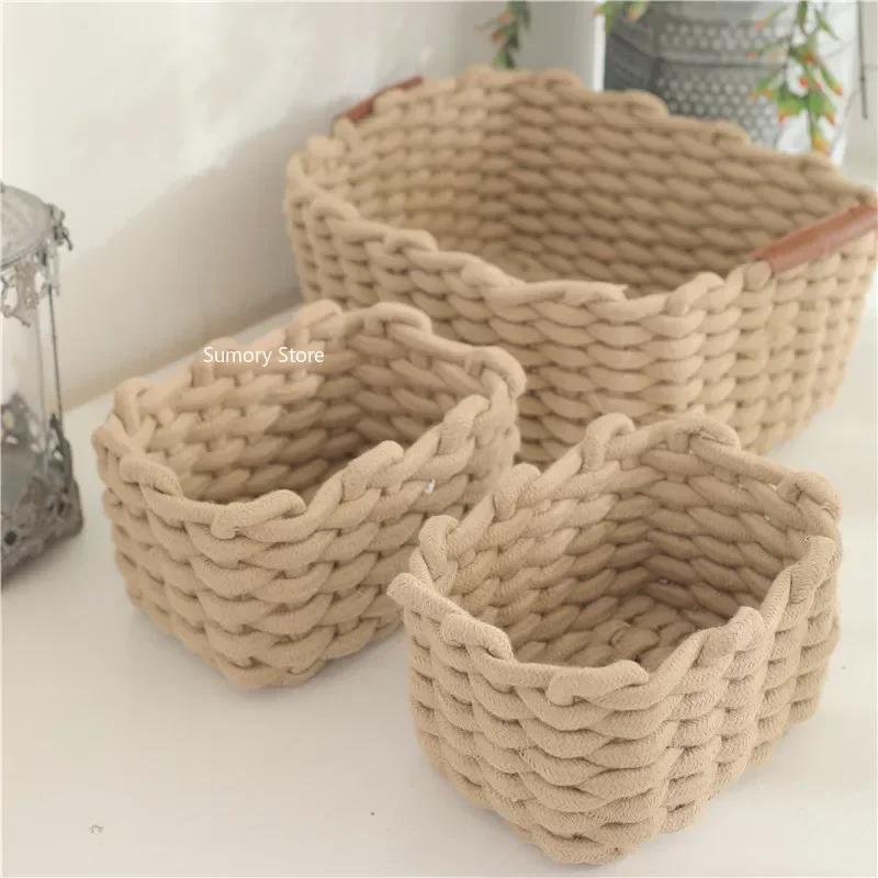 Cotton Rope Woven Storage Basket with Handle Sundries Cosmetic Storage Box Toys Snack Desktop Makeup Organizer Cotton Baskets