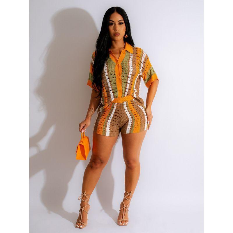 

Полосатый топ и шорты Пляжный наряд Воротник поло Полоски Топы и шорты Пляжная одежда Orange L