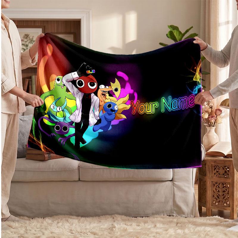 Rainbow Friends Personalized Flannel Blanket, Custom Printed Text Name, Warm Soft Blanket For Couch Bed