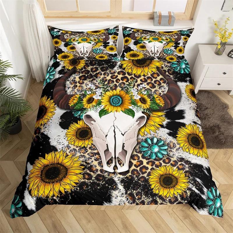 Hochlandrind Bettbezug Bulle Sonnenblume Kuh Bettwäscheset Queen Für Jungen Männer Mikrofaser Wildtiere Bauernhaus Tier Bettdeckenbezug