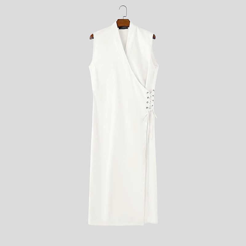 INCERUN Mens Vintage Sleeveless Long Vest V Neck Side Lace Up Casual High Split Tunic Top Robe