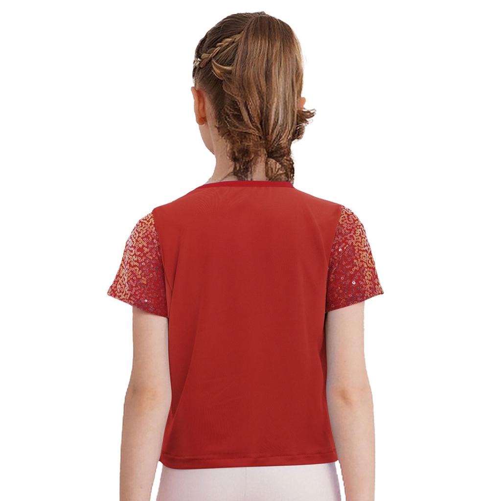 Girls Shiny Sequins Round Neck Short Sleeve T Shirt Cheerleading Dance Performance Stage Party Top