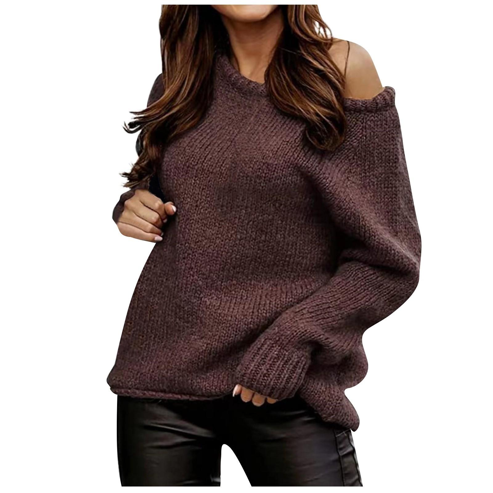 

Жіночий сексуальний пуловер з відкритими плечима осінь/зима з трикотажним виробом, однотонний повсякденний вільний великий светр S кавовий