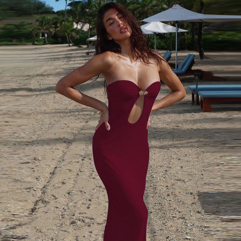 

Fashion Ins Pure Color Fancy Shell Button Tube Top Dress Sexy Sexy Cutout Silm Sheath Dress Summer Wine red L