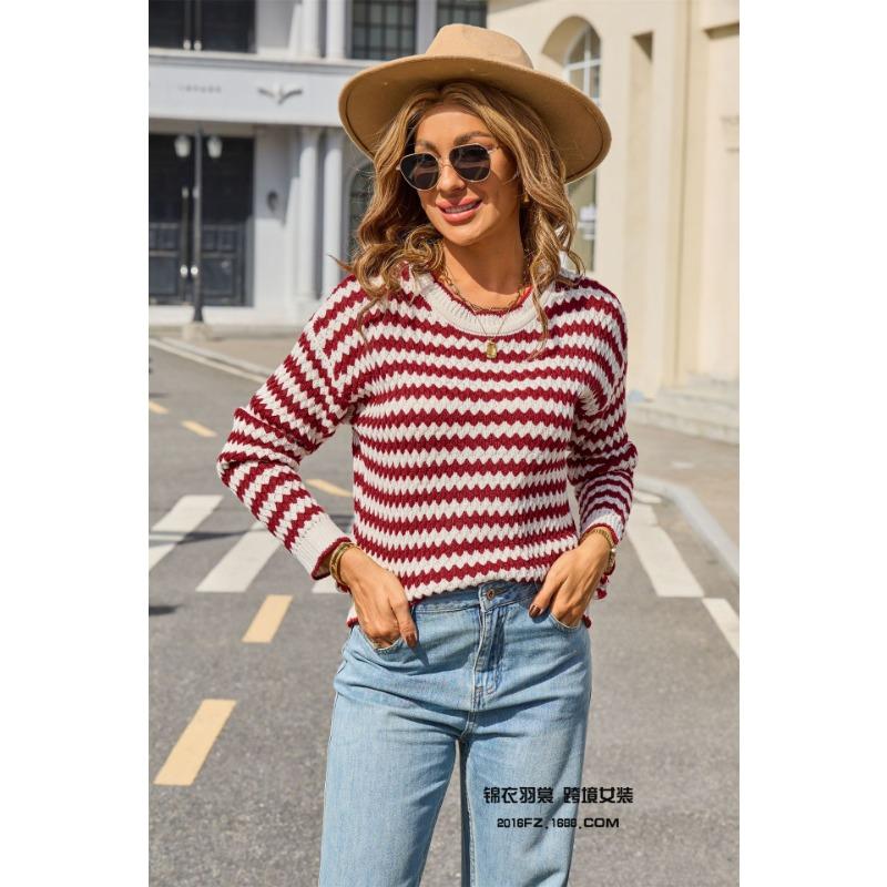 Simple Striped Sweater In Autumn and Winter Long-sleeved Round Neck Contrasting Color Versatile Knitted Top