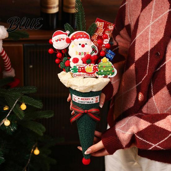 Handcrafted Holiday Keepsakes Christmas Cone Bouquet Plush Santa Claus Shaped Bouquet with Winter Home Accents Artificial Red Berrries Pine