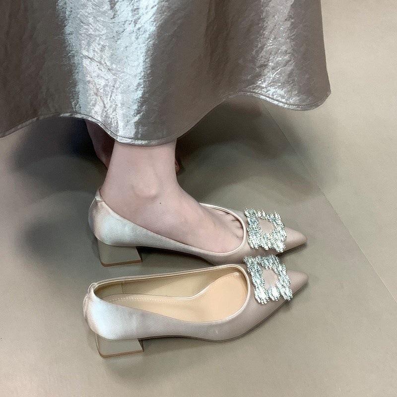 Rhinestone square buckle thick heel single shoes women's new satin pointed high heels bride shoes wedding shoes