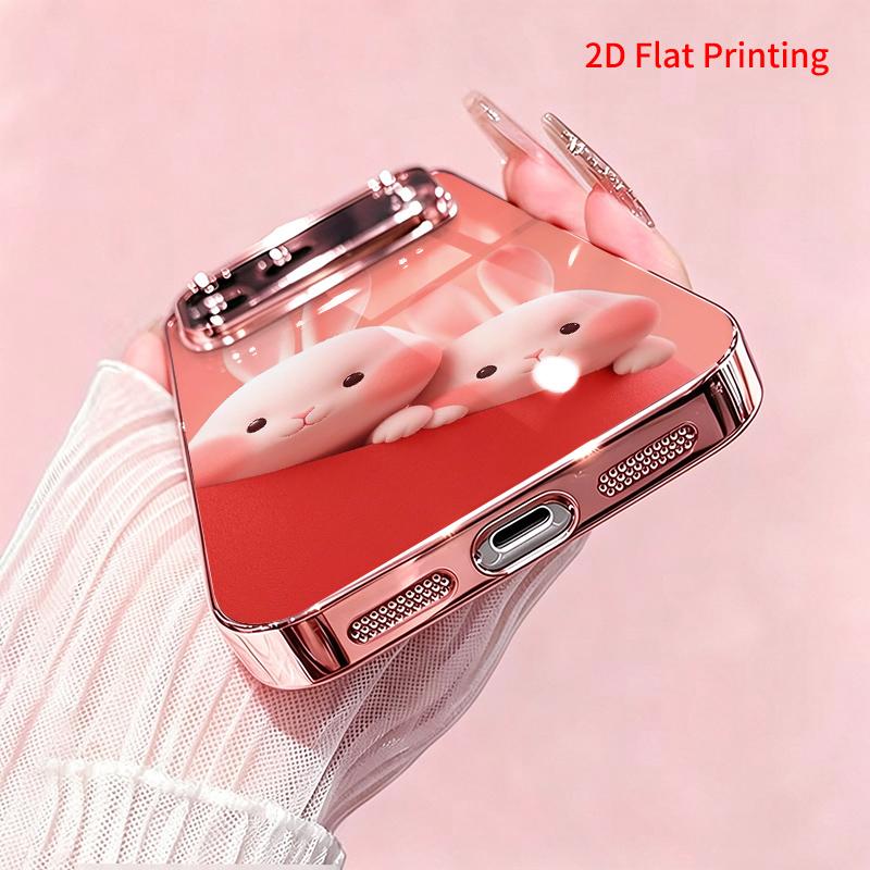 2DFlat electroplated tempered glass phone case,Cute Bunny Duo Design,suitable for iPhone 18 Pro Max 17 16 15 14 13 12 11