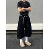 Blaeixt American-Style Pleated Design Curved Hem Cropped Pants for Men, Loose Casual Vintage Black Cargo Shorts