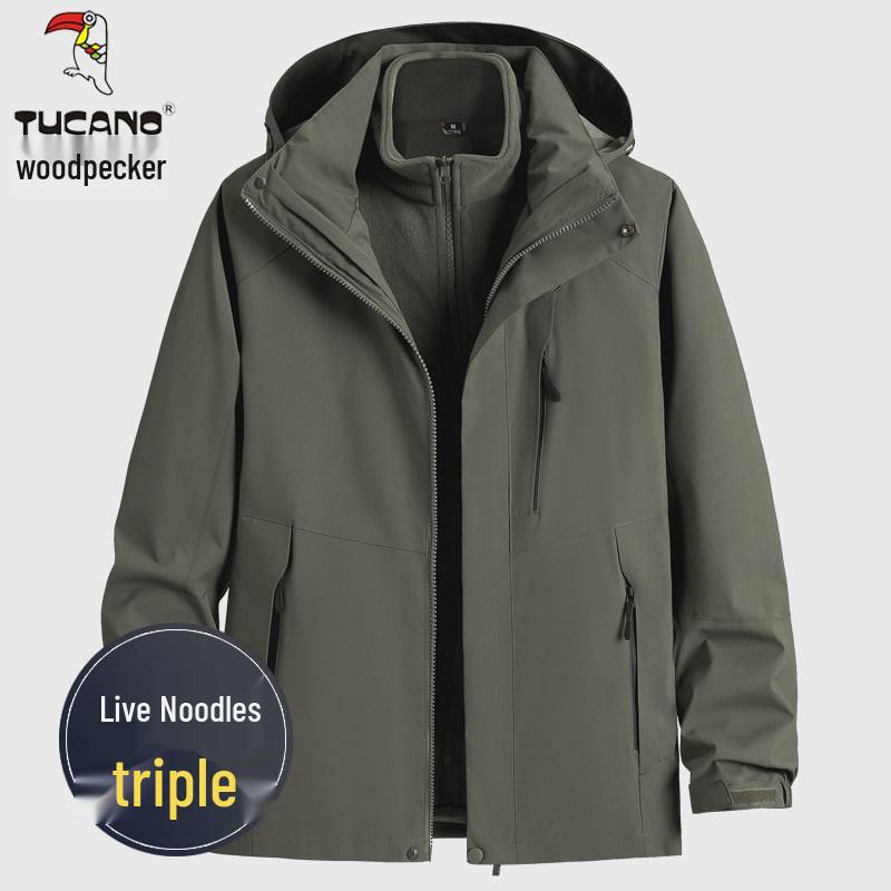 Woodpecker Men s Winter Windproof 3-in-1 Jacket with Detachable Hood, Thickened Velvet Lining, Large Size, Outdoor-Ready. 5XL