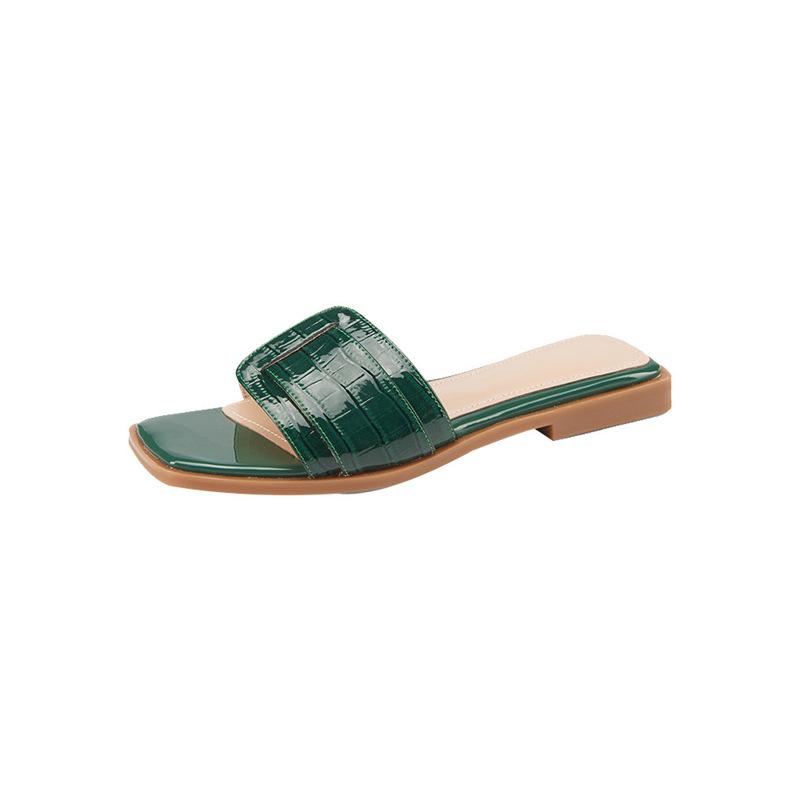 Green women's cool slippers casual square head lazy flat bottom 2022 summer new outer wear one word outer wear slippers