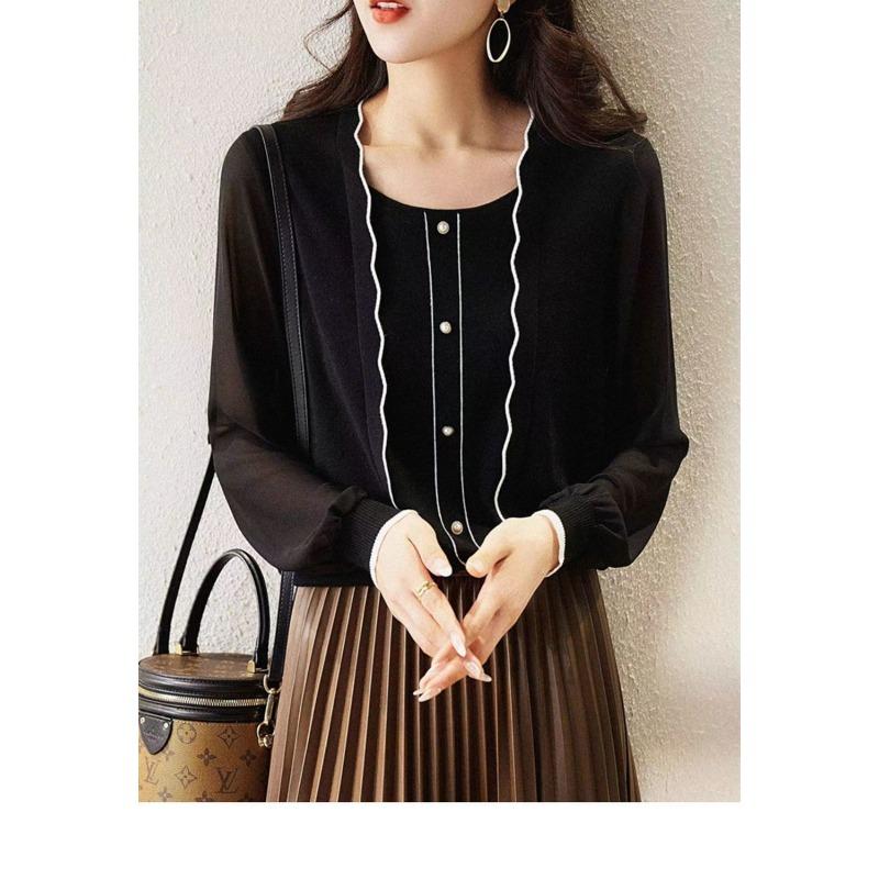 Women's Chiffon Patchwork Loose-fitting Long-sleeved Shirt for Spring and Autumn