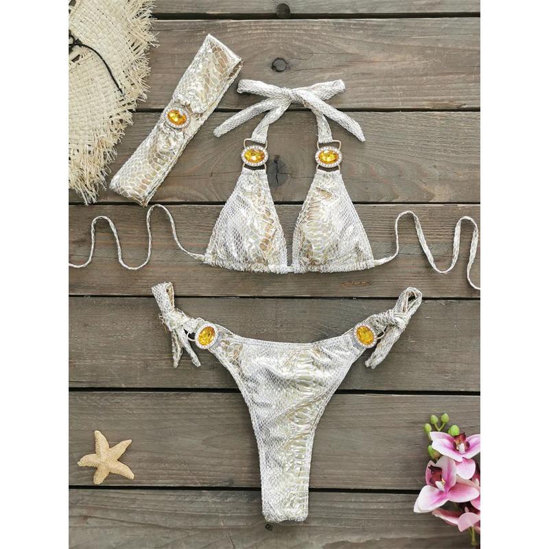 Luksusowy Bikini 2025 Kobiety Neonowy Zielony Gradientowe Dżety Push Up Mikro Kostium Kąpielowy Plażowy Kostium Kąpielowy Diamentowy Pasek 3-częściowy Strój Kąpielowy