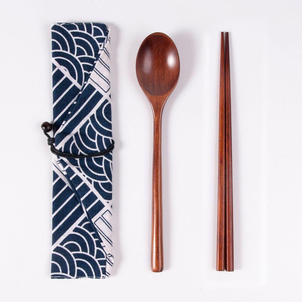 Japanese Wooden Portable Tableware Set: Long-Handled Spoon, Fork, and Chopsticks - Korean Style Three-Piece Set for Outdoor Use.